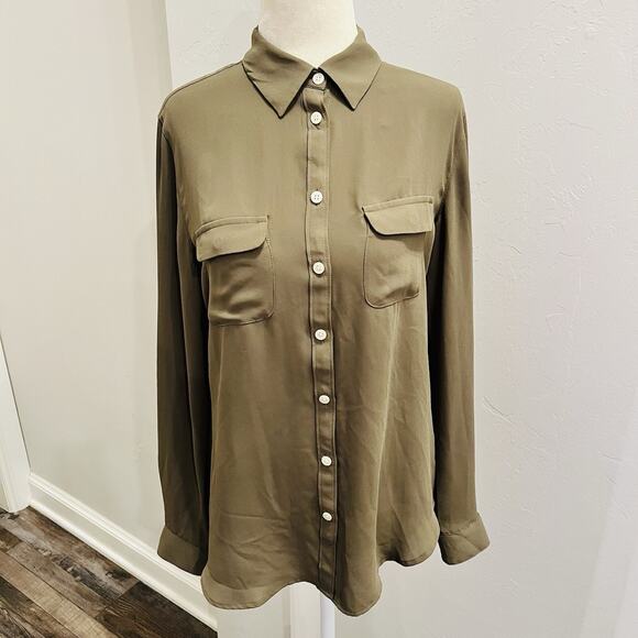 LOFT Button Up Shirt Womens Small Olive Green Long Sleeve - Picture 1 of 4